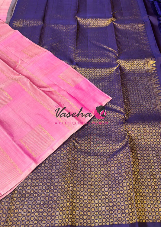Pure Kanchipuram Silk Saree - Baby Pink & Violetish Blue Shade - VVPS054