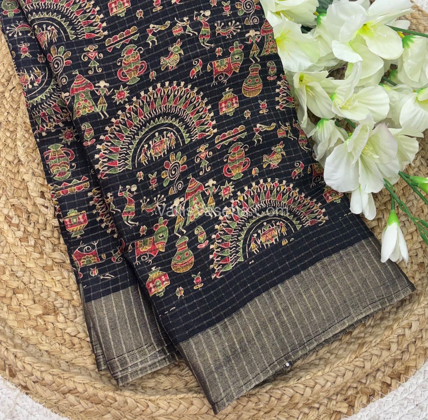 Light Weight Fancy Mixed Kota Cotton - Varli Design Printed Saree - Black Shade - VVKPC001