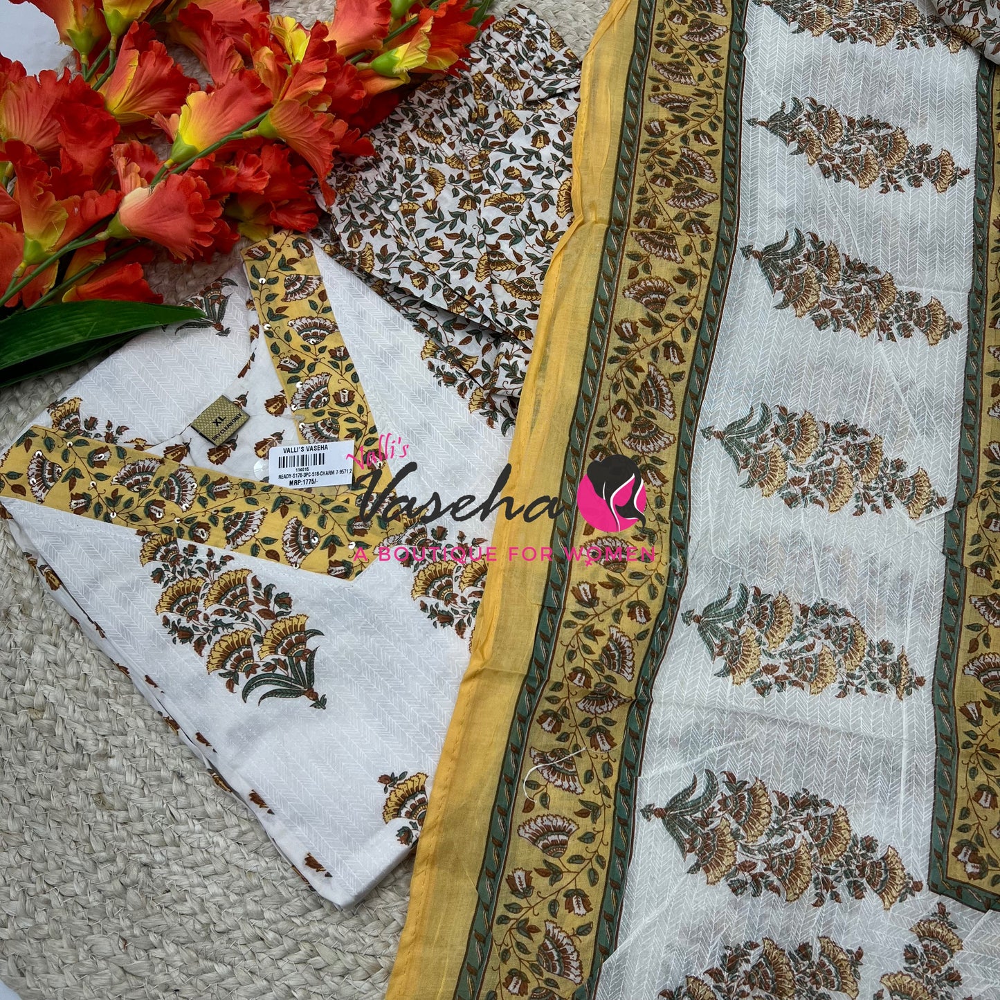 Ready Made | Anarkali |Salwar, Kameez & Duppatta(3pc)|Cotton |White & Yellow - VVAS010