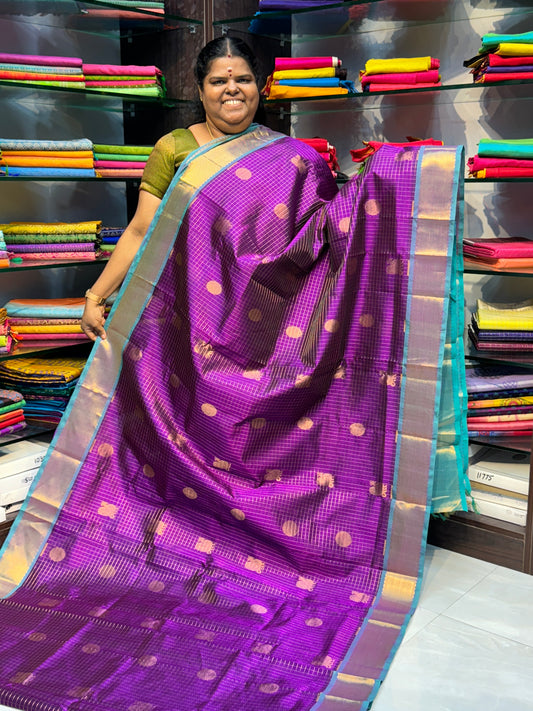 Pure Silk Cotton Saree - Mayil & Chakkaram Design - Purple with Turquoise Blue Combo - VVMC002