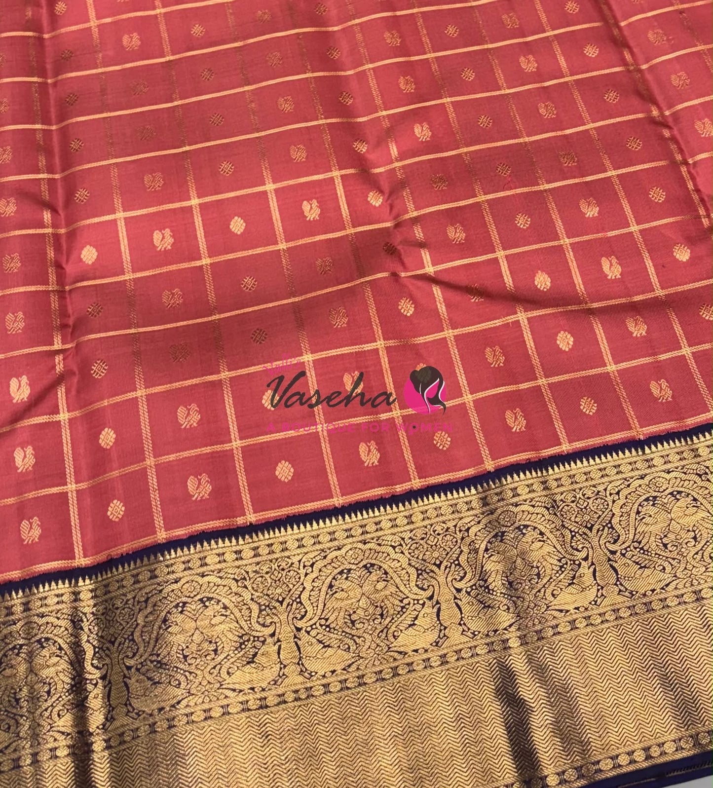 Pure Vintage Korvai Kanchipuram Silk Saree - Light Pink & Navy Blue Combo - VVPS044