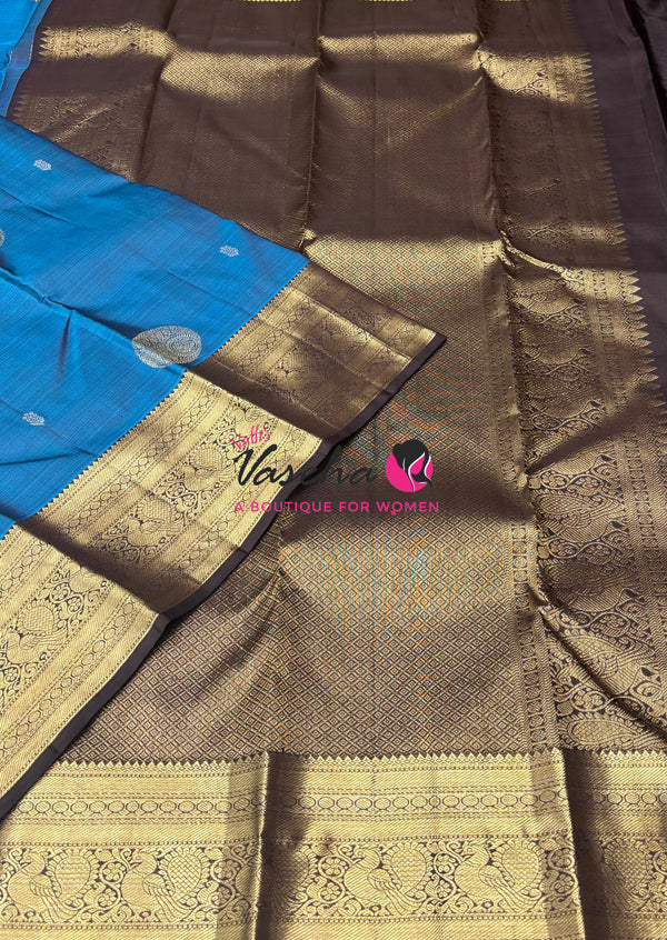Pure Kanchipuram Silk Saree - Blue With Brown - VVPS094