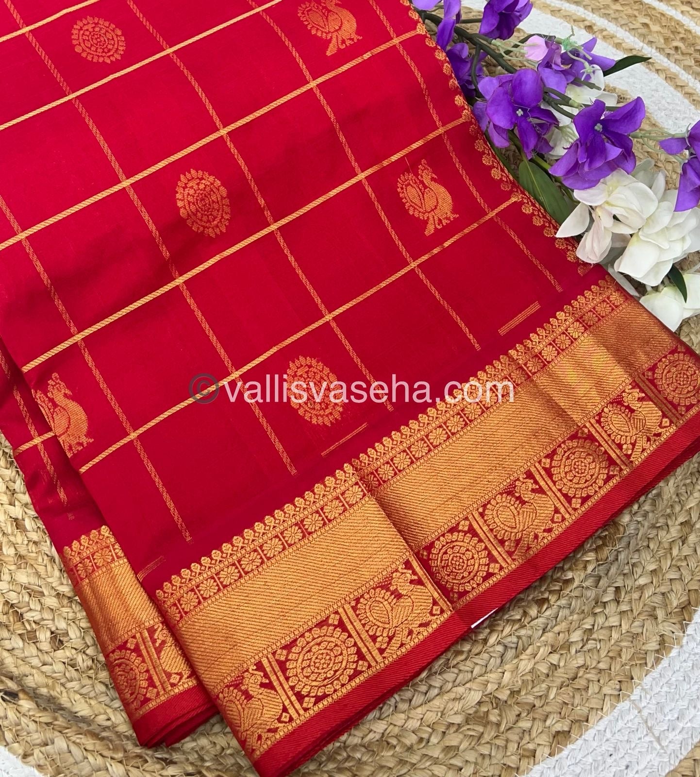 Pure Silk Cotton Saree - Mayil & Chakkaram Design - Red Shade -  VVMC001