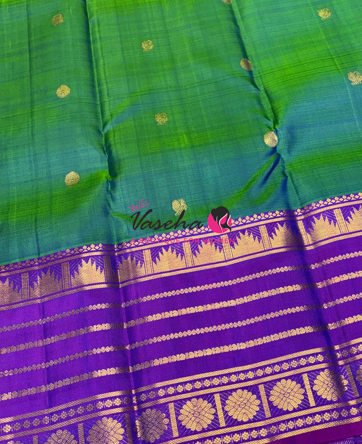 Pure Kanchipuram Silk Saree - Peacock Blue With Purplish Pink - VVPS098