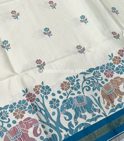 Semi Tussar / Semi Chappa Silk |Peacock Design | - Cream & Ramar Blue Combo - VVSTS018