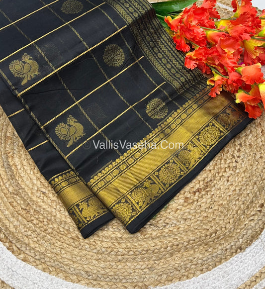 Pure Silk Cotton Saree - Mayil & Chakkaram Design - Black - VVMC001
