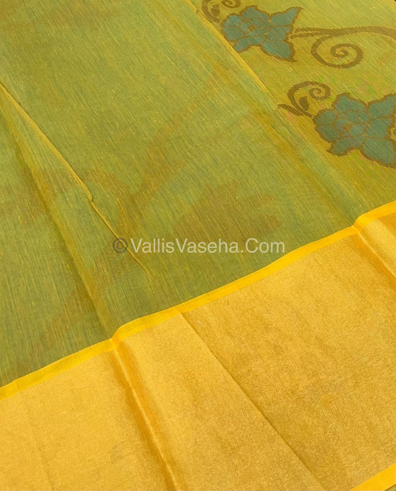 Banarasi Pochampally Weaving Semi Soft Cotton Saree - Green with Yellow - VVBPS001