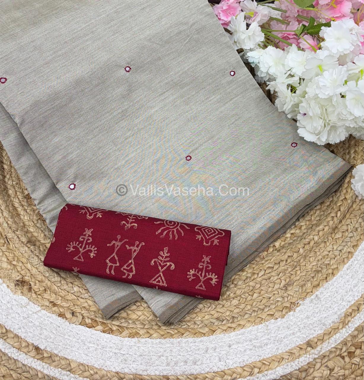 Poly Silk Mixed Cotton - Mirror Work Embroidery - Chiku with Maroon - VVPCM001