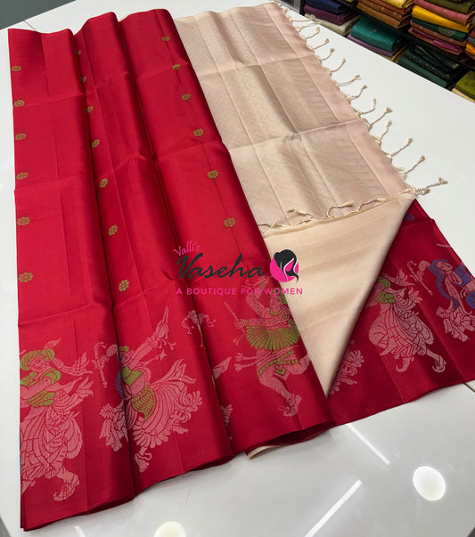 Pure Soft Silk Saree  - Red With Cream Combo - VVPSS139