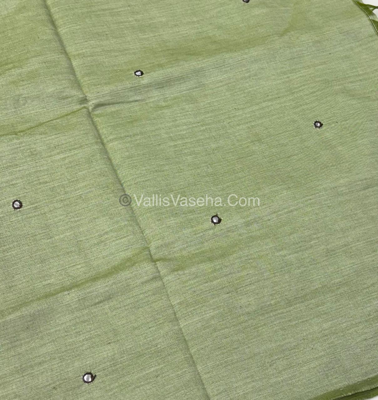 Poly Silk Mixed Cotton - Mirror Work Embroidery - Green with Brown - VVPCM001