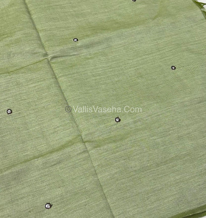 Poly Silk Mixed Cotton - Mirror Work Embroidery - Green with Brown - VVPCM001