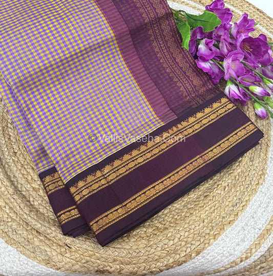 Pure Korvai Silk Cotton - Podi Kattam - Retta Petta Border - Yellow & Purple & with Wine  - VVKSC003