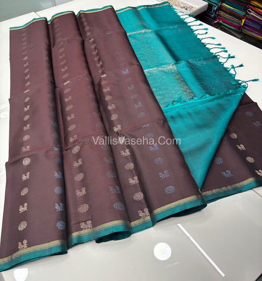 Pure Soft Silk Saree  - Brown & Blue Combo  - VVPSS055