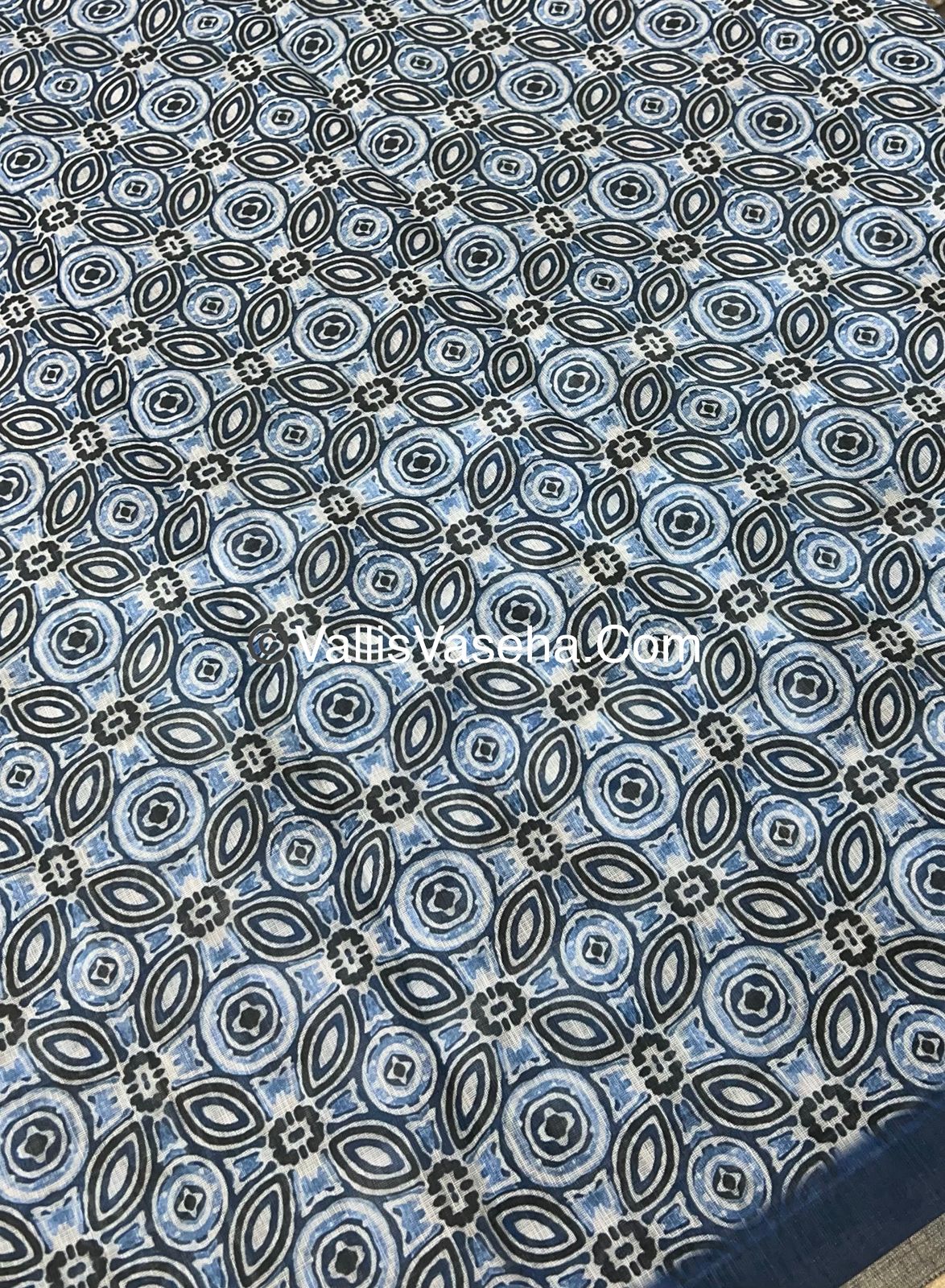 Linen Mixed Cotton Saree - Indigo Blue - Printed - VVLMP001