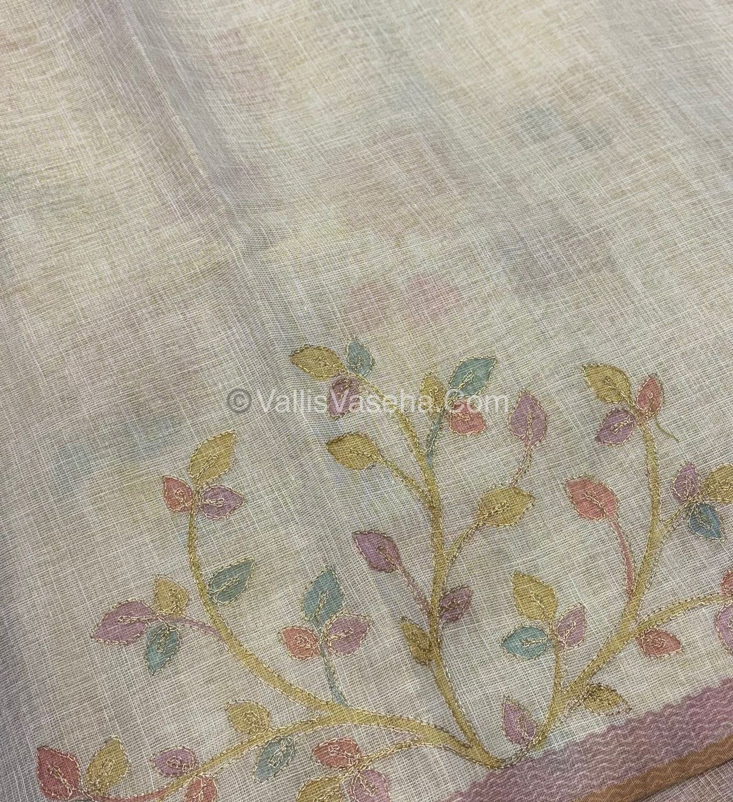 Tissue Linen Saree - Cream With Pink Shade - VVTLS002