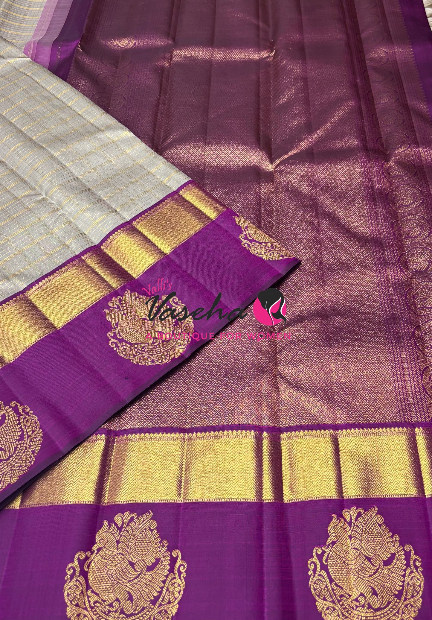 Pure Vintage Korvai Kanchipuram Silk Saree - Chikku / Light Grey & Purple Combo - VVPS006