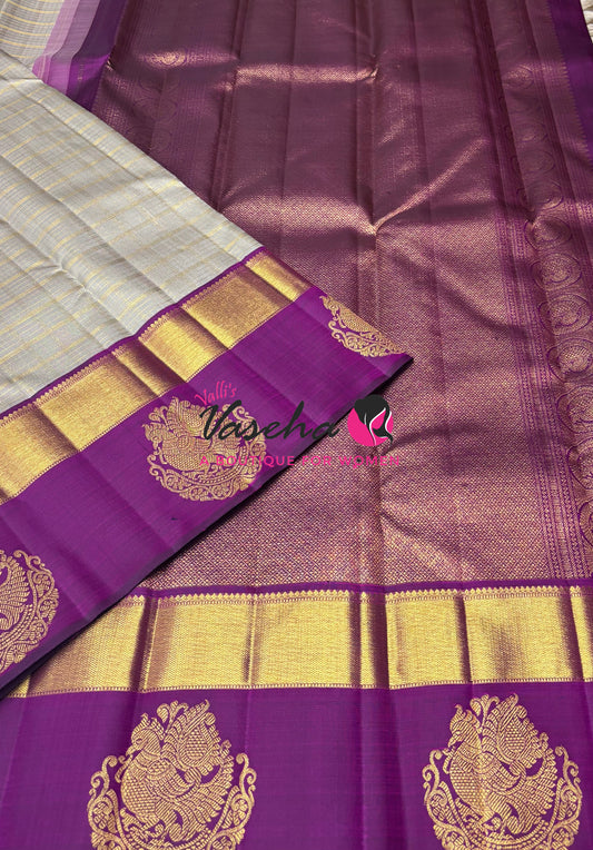 Pure Vintage Korvai Kanchipuram Silk Saree - Chikku / Light Grey & Purple Combo - VVPS006