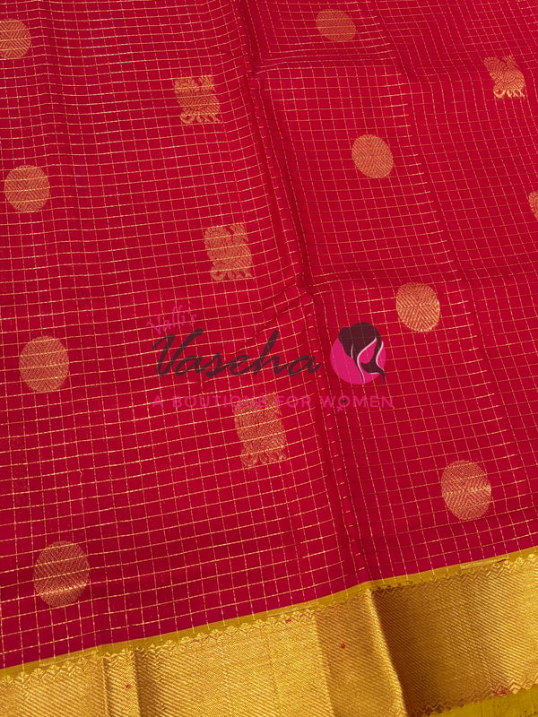 Pure Silk Cotton Saree - Mayil & Chakkaram Design - Red With Yellowish green  Shade -VVMC002