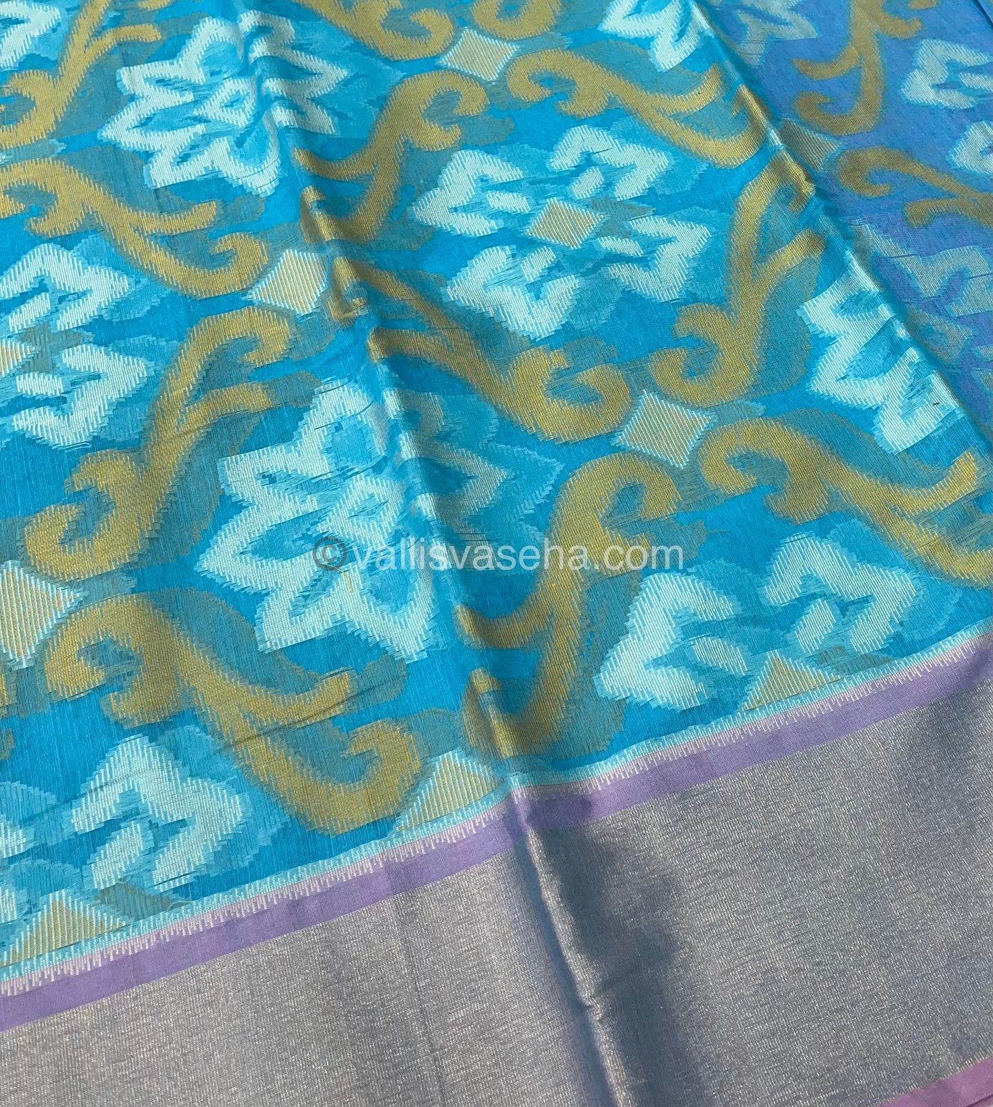 Banarasi Pochampally Weaving Semi Soft Cotton Saree - Light Blue with Pink - VVBPS001