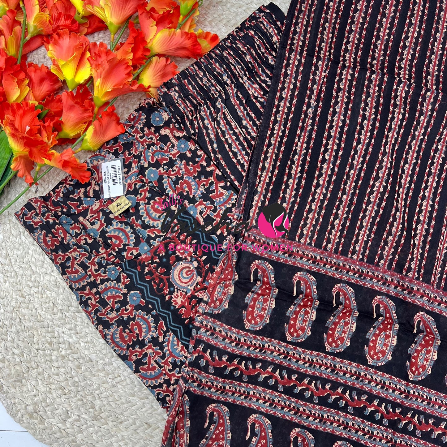 Ready Made | Anarkali - Kalamkari Print |Salwar, Kameez & Duppatta(3pc)|Cotton |Black - VVAS008