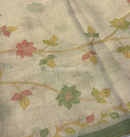 Tissue Linen Saree - Cream With Green Shade - VVTLS003