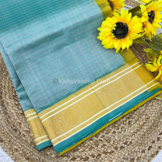 Pure Silk Cotton Saree - See Blue With Lemon Green Shade - Lakshadeepam Design - VVPLD001