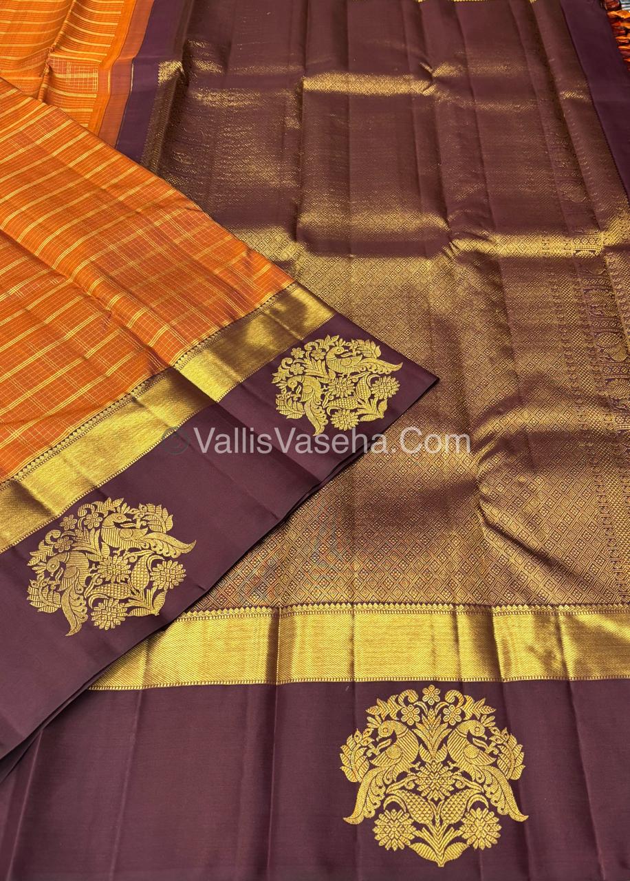 Pure Vintage Korvai Kanchipuram Silk Saree - Rust Orange & Wine Brown Combo - VVPS006
