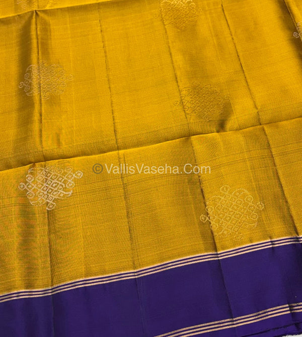 Pure Soft Silk Saree - Kolam Design Mustard yellow with purple shade - VVPSS074