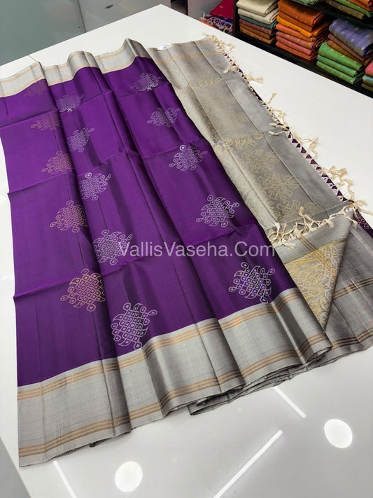 Pure Soft Silk Saree - (1.75 Warp) Kolam Design - Shade Of Purple & Grey Shade - VVPSS074