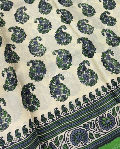 Pure Tussar Silk  - Cream With Green Shade -  VVPTS001