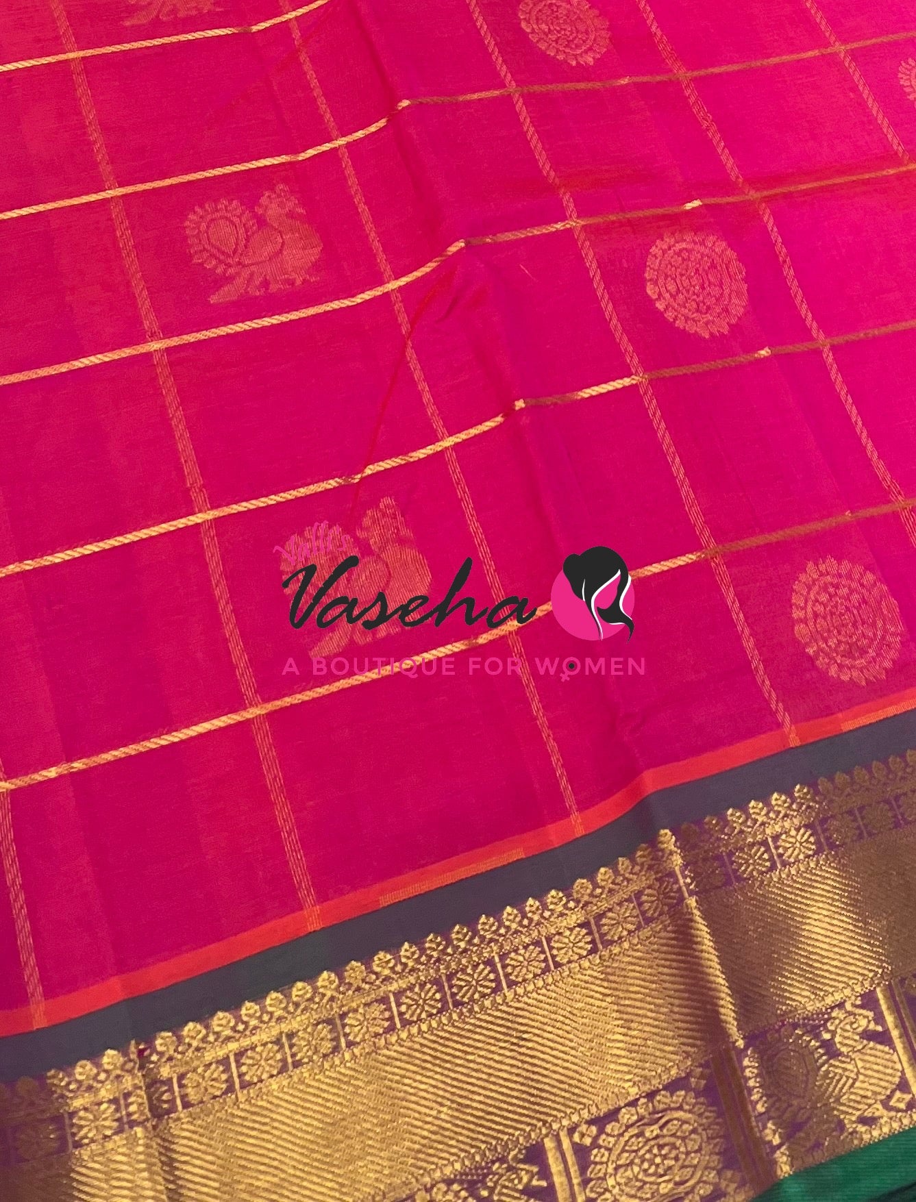 Pure Silk Cotton Saree - Mayil & Chakkaram Design - Pink With Green VVMC001