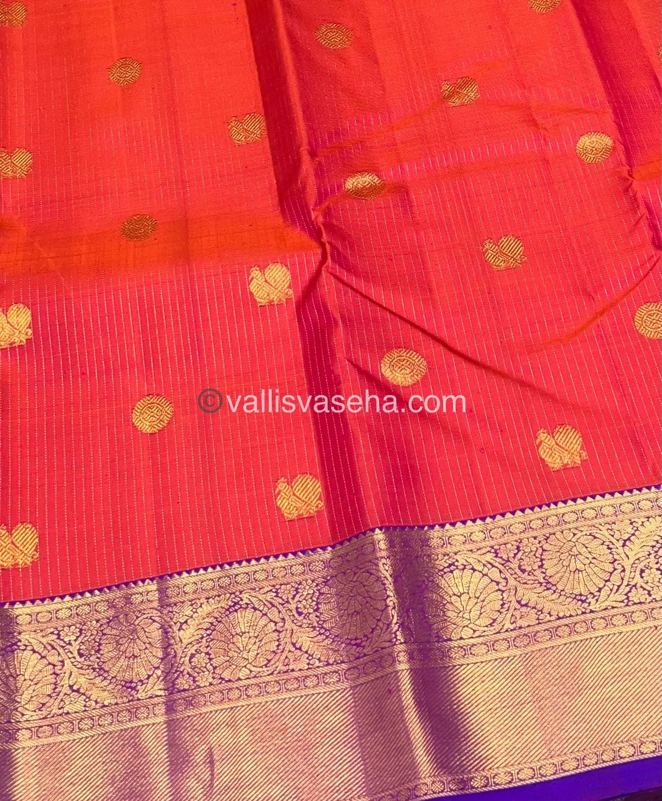 Pure Kanchipuram Silk Saree - Vaira Voosi design - Peachish Pink & Purple shade - VVPS022
