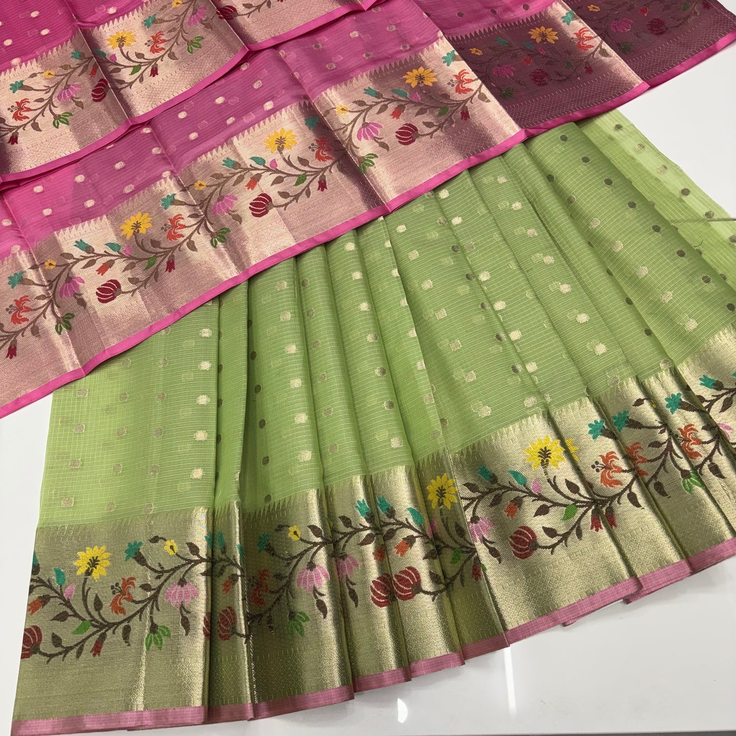 Unstitched - Lehenga Material - Zari Kota Tissue - Green & Pink - VVULM001