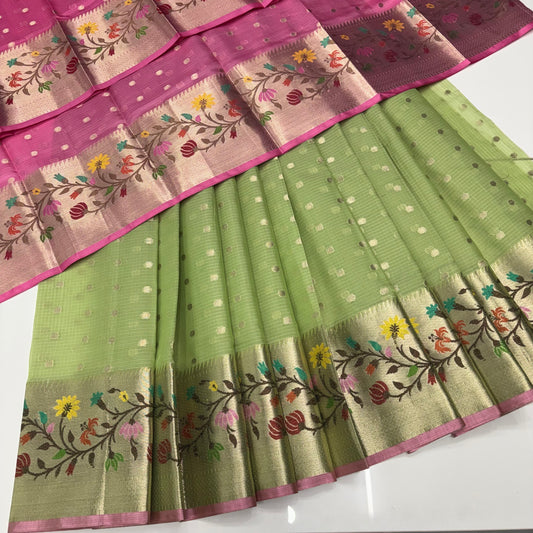 Unstitched - Lehenga Material - Zari Kota Tissue - Green & Pink - VVULM001