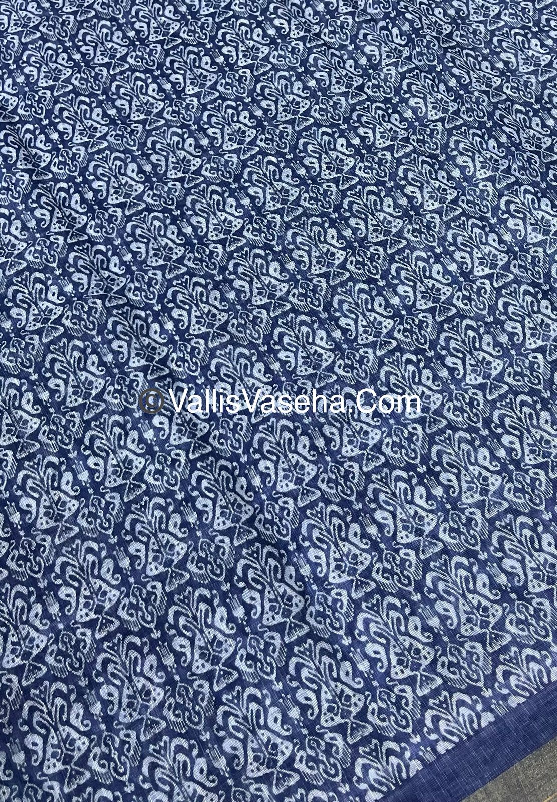 Linen Mixed Cotton Saree - Indigo Blue - Printed - VVLMP001