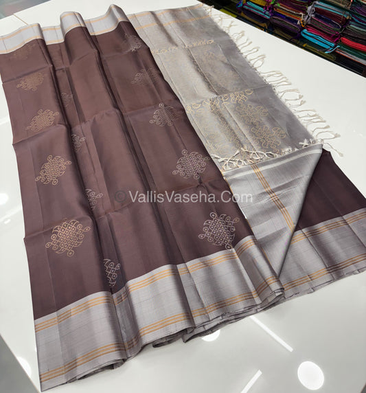 Pure Soft Silk Saree - Kolam Design - Brown & Grey Shade - VVPSS056