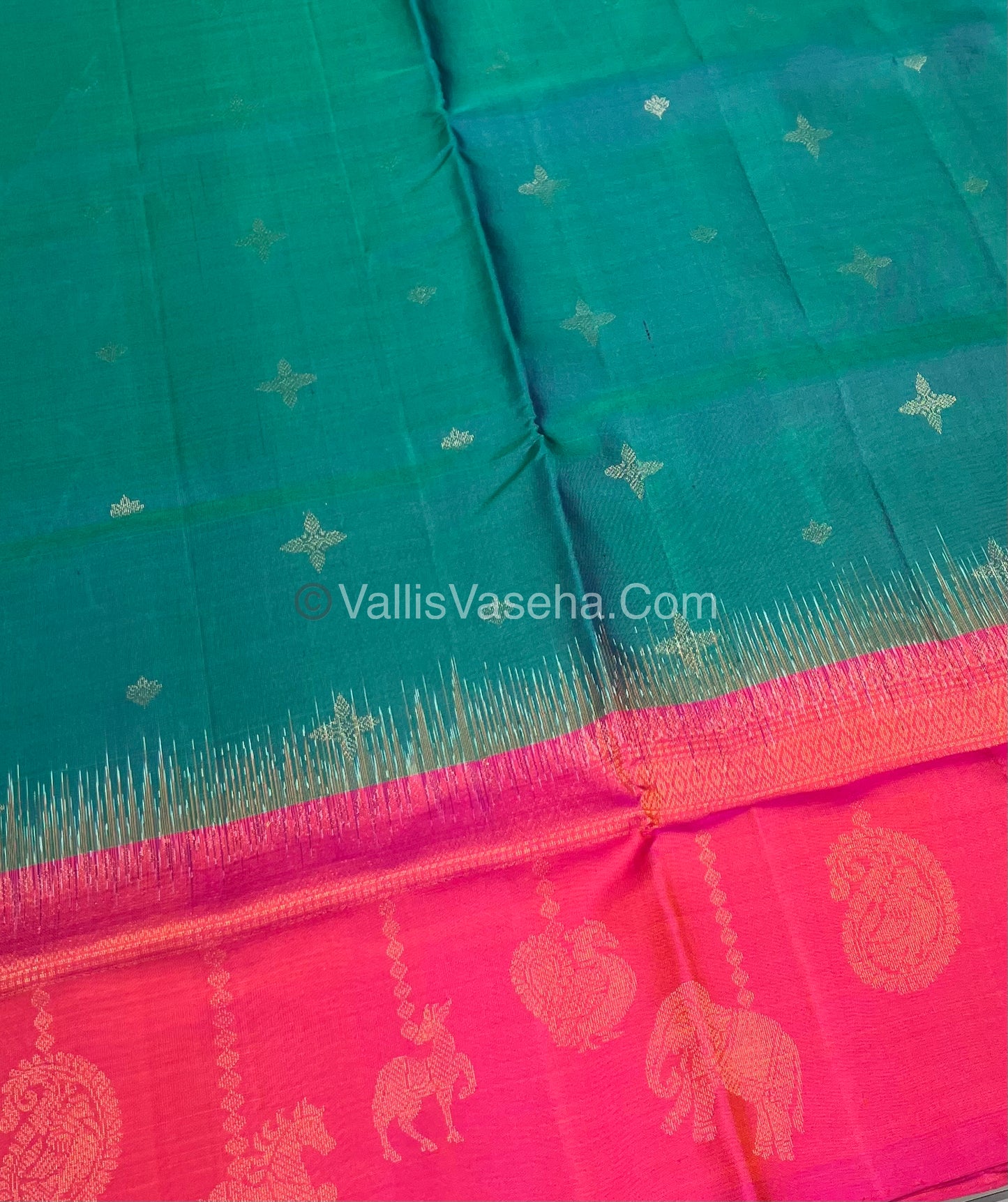 Pure Soft Silk Saree - (Merry-Go-Round Design ) - Peacock Blue with Pink Shade - VVPSS059