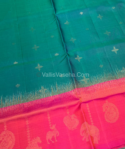 Pure Soft Silk Saree - (Merry-Go-Round Design ) - Peacock Blue with Pink Shade - VVPSS059