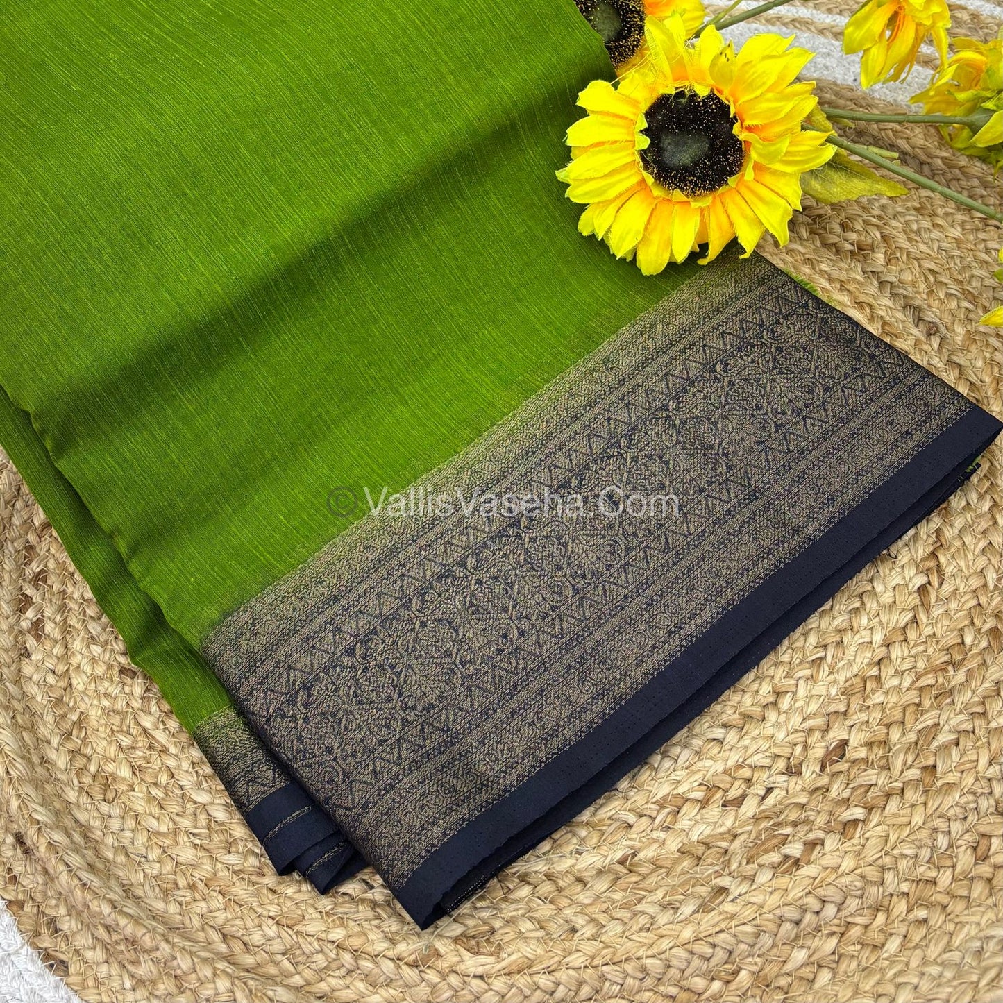 Bamboo Silk Saree - Green With Navy Blue Shade - VVBSS006