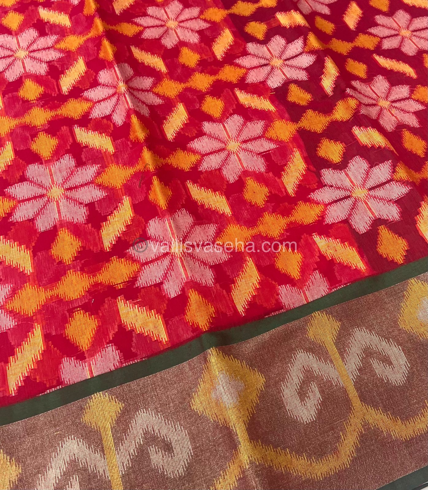 Banarasi Pochampally Weaving Semi Soft Cotton Saree - Pinkish Red with Green - VVBPS001