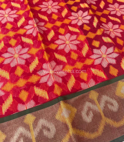 Banarasi Pochampally Weaving Semi Soft Cotton Saree - Pinkish Red with Green - VVBPS001
