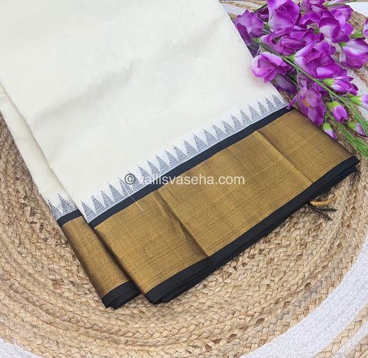 Pure Korvai Silk Cotton Saree - Half white with Black Combo - Temple border - VVKSC001