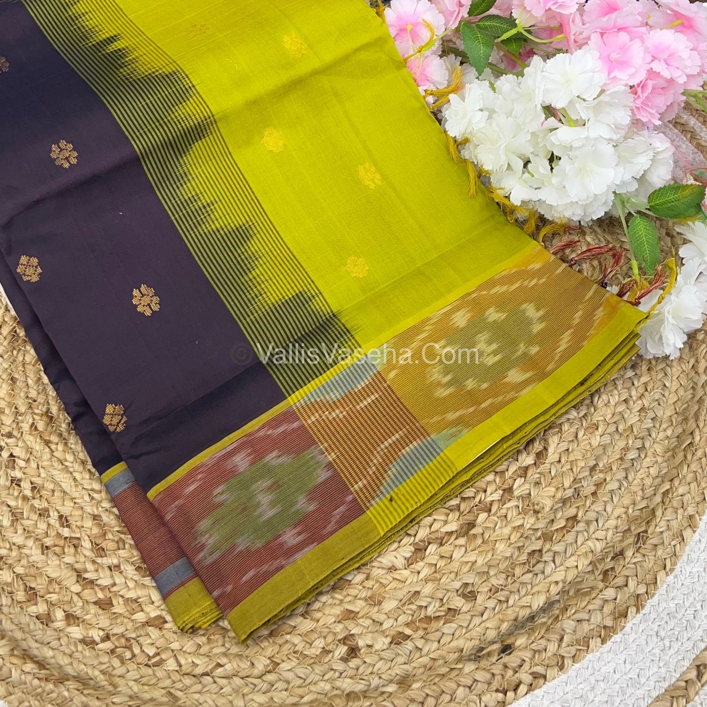 Semi Silk Cotton Saree -  Dark Brown & Green - VVSSC001