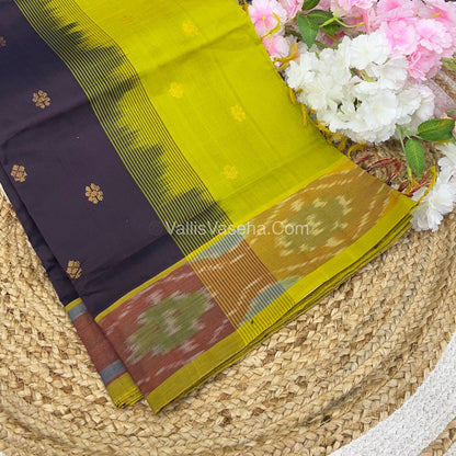 Semi Silk Cotton Saree -  Dark Brown & Green - VVSSC001