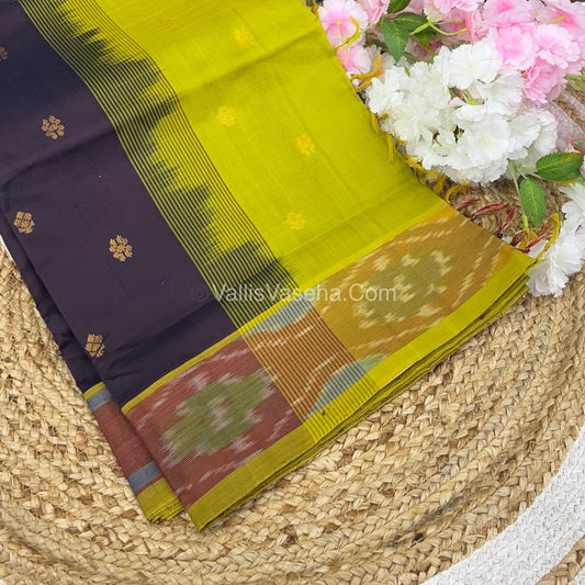 Semi Silk Cotton Saree -  Dark Brown & Green - VVSSC001