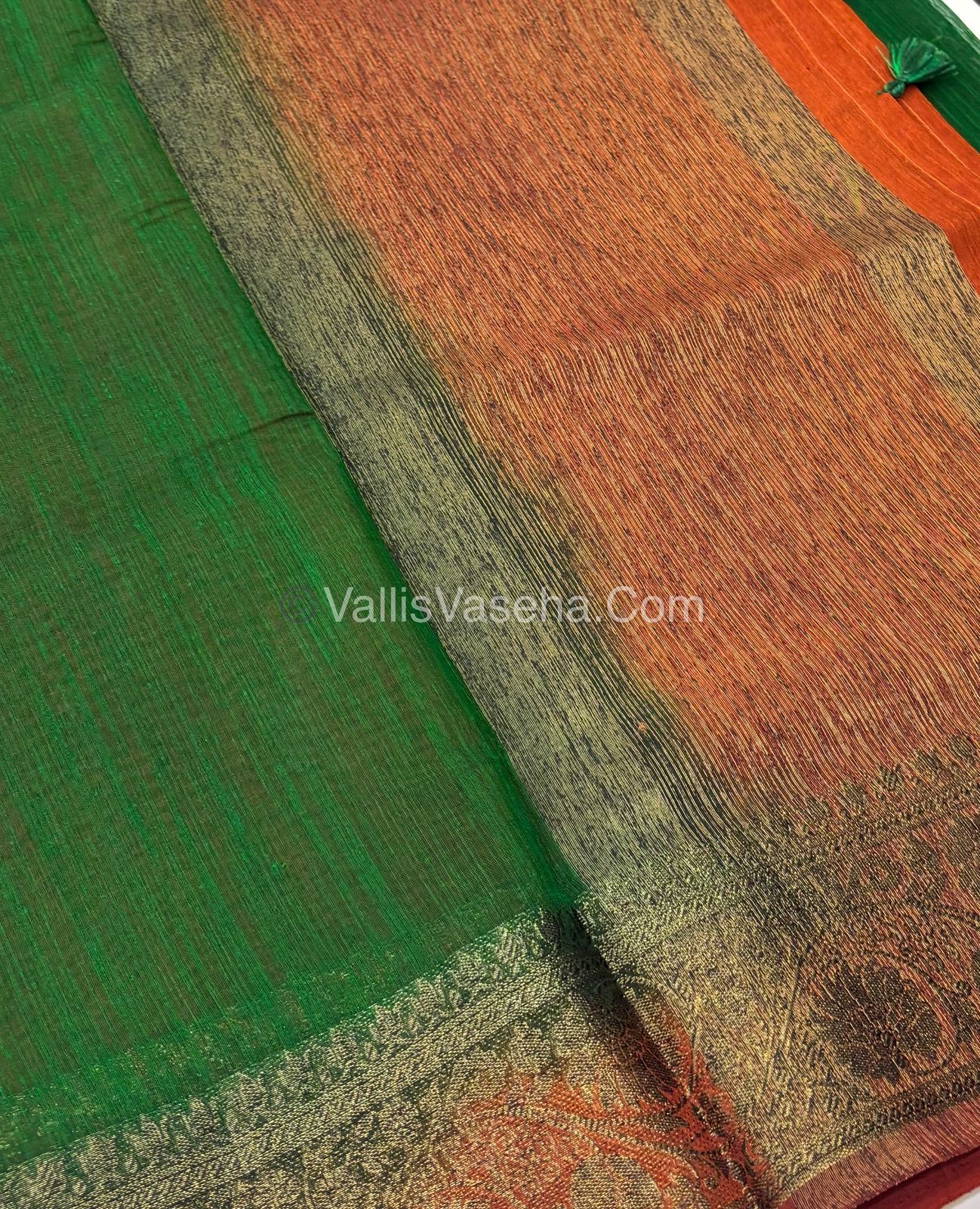 Bamboo Silk Saree - Green With Orange Shade - VVBSS007