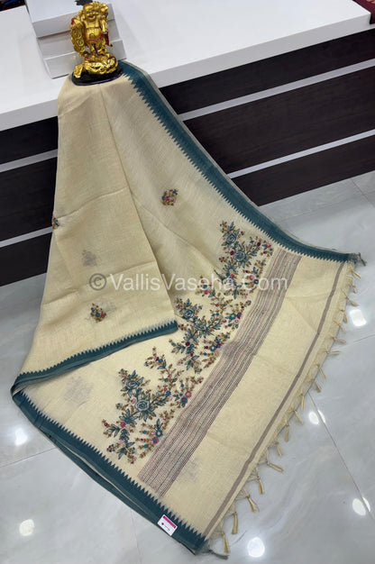 French Knot - Tissue Saree - Cream With Blue Shade - VVLFN007