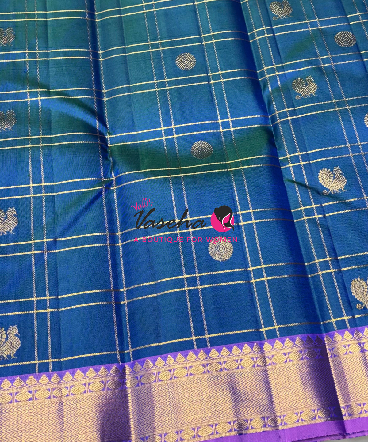 Pure Kanchipuram Silk Saree - Peacock Blue With Lavender Combo - VVPS027