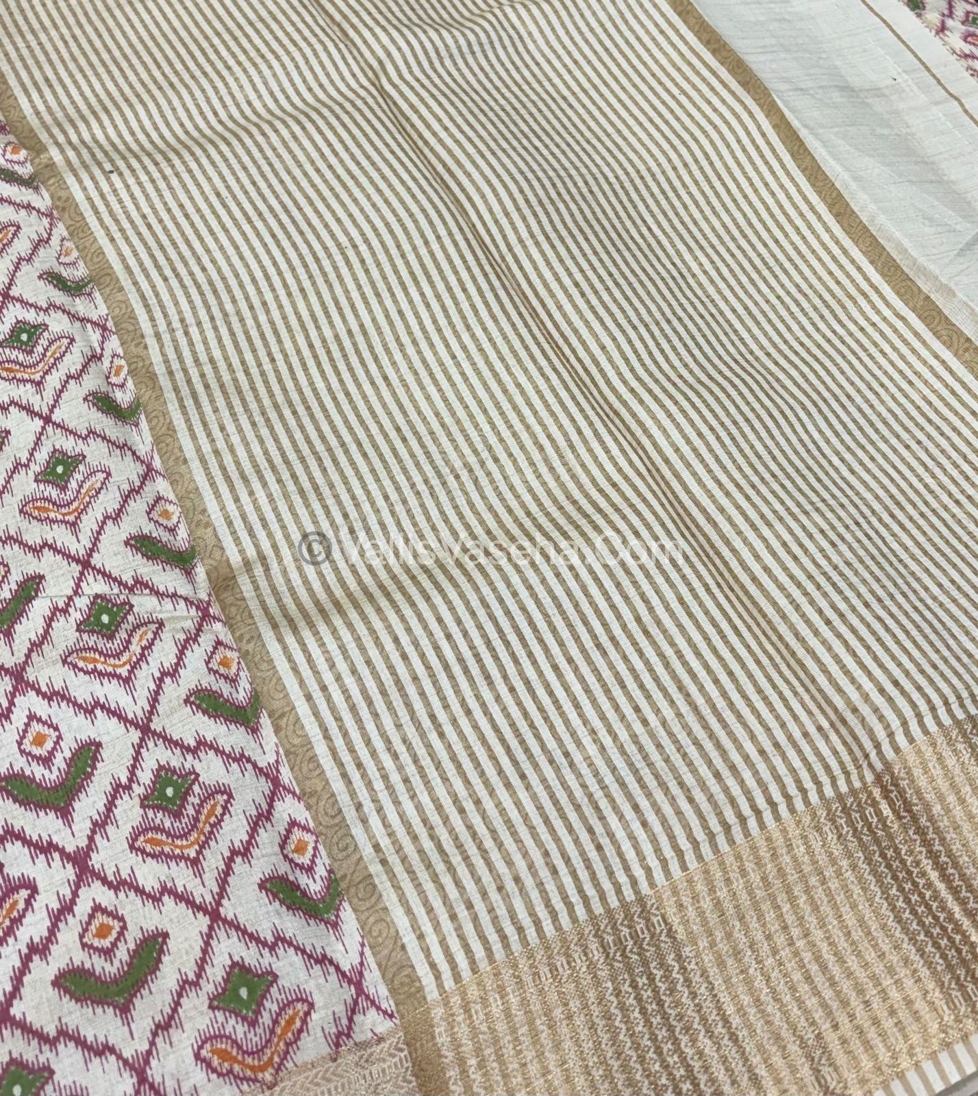 Semi Tussar Silk Saree - Ikkat / Pochampally Design - Cream Shade - VVSTS033
