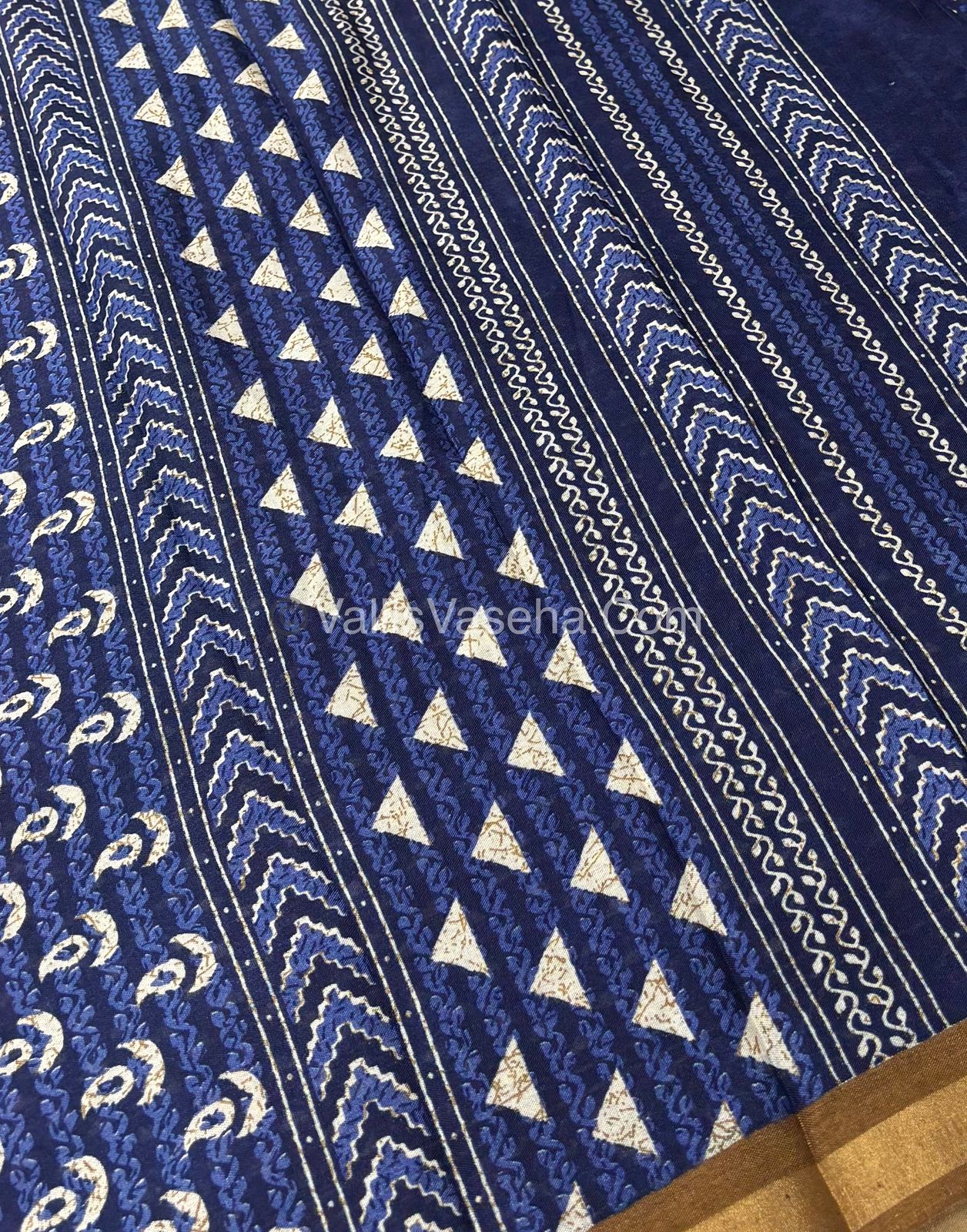 Semi Maheshwari Mixed Cotton Saree - Linen Feel - Indigo Blue & Mustard Yellow - VVMSC003